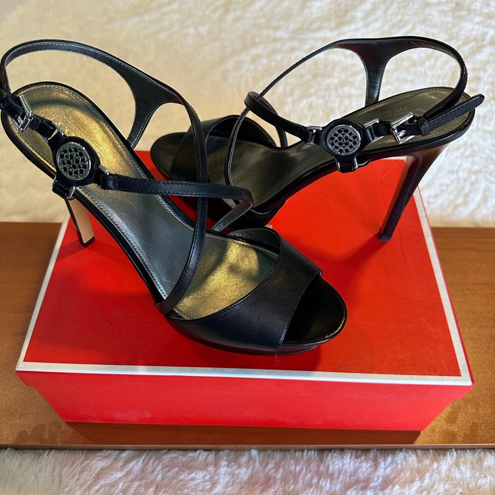 COACH! New, never worn black, heeled dress strap, sandals. Women’s size US 9.5